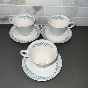3 Vintage 1960's Franciscan Blue Fancy Coffee Cup & Saucer Whitestone Ware White